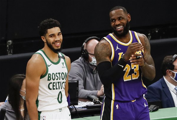 LeBron James shares a light moment with Celtics star Jayson Tatum
